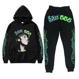 Model showcasing the exclusive 999 Club Spider Young Thug Tracksuit in black